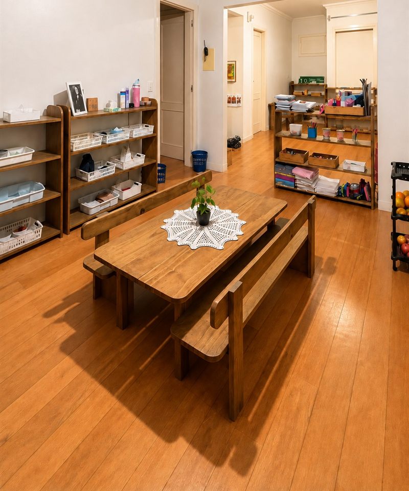 Sala do Programa Infantile: mesa e bancos de madeira, prateleiras com materiais Montessori e outra sala ao fundo